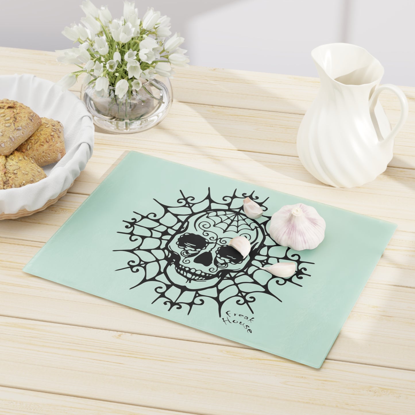 Ornate Skull Cutting Board, Spider Web Pattern, Black on Mint Green Glass