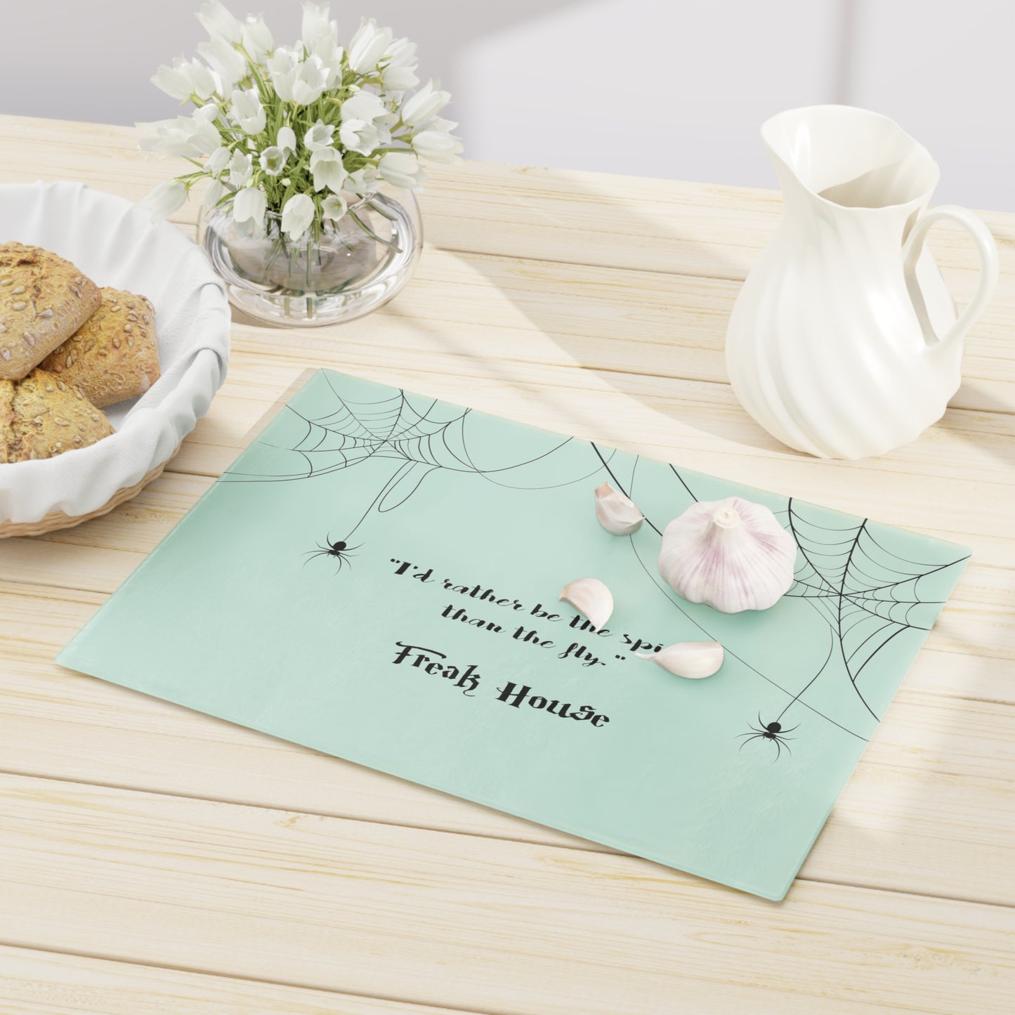 Freak House "I'd Rather be the Spider" Cutting Board, Spider Web Pattern, Black on Mint Green Glass