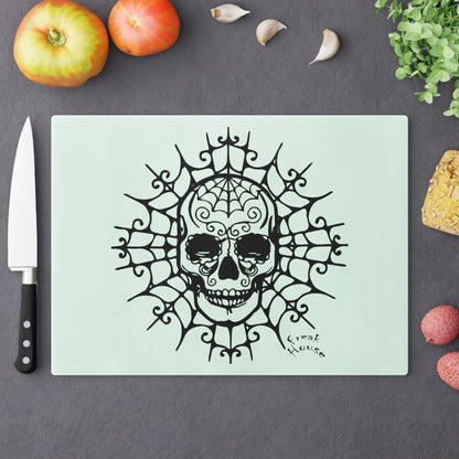 Ornate Skull Cutting Board, Spider Web Pattern, Black on Mint Green Glass