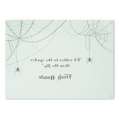 Freak House "I'd Rather be the Spider" Cutting Board, Spider Web Pattern, Black on Mint Green Glass