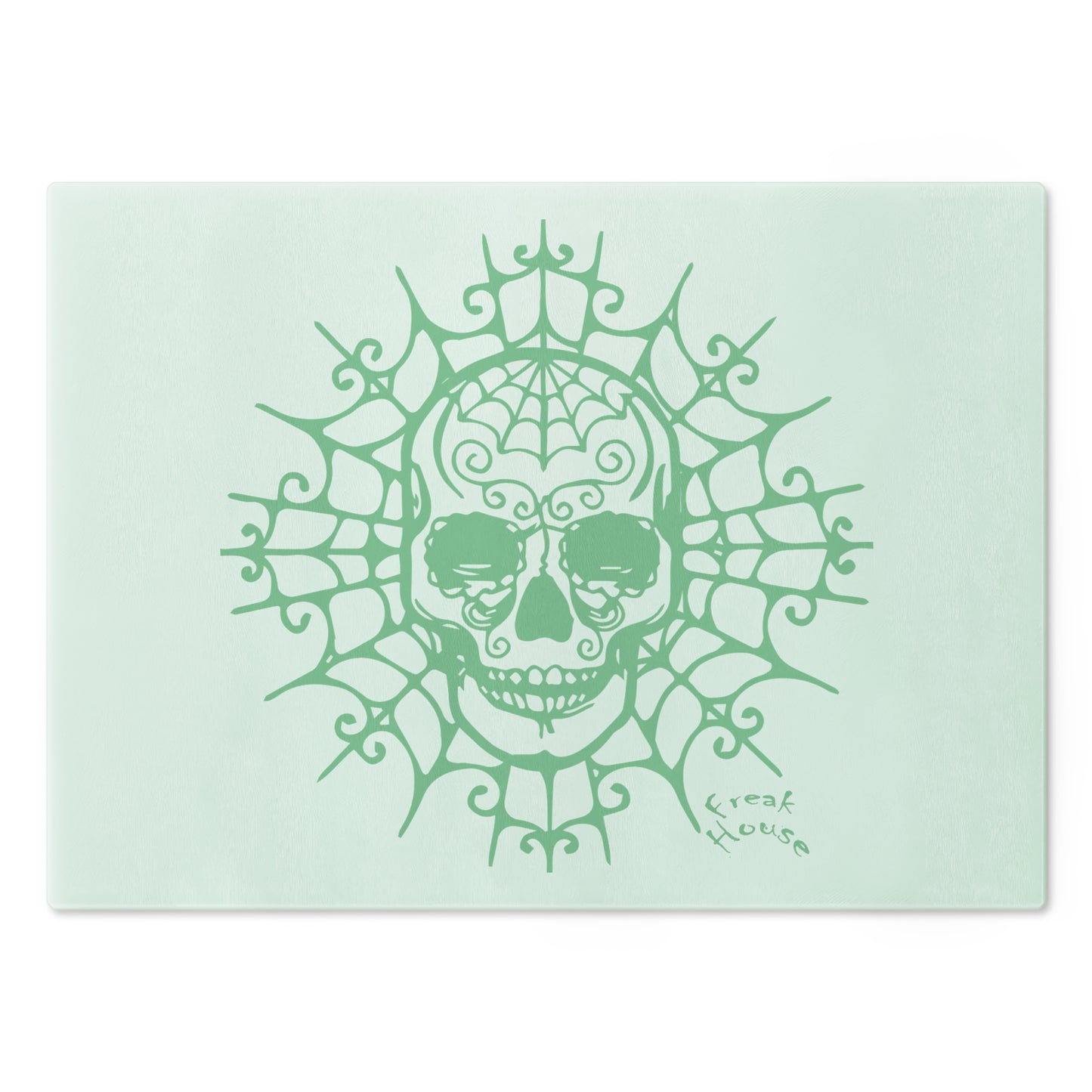 Ornate Skull Cutting Board, Spider Web Pattern, Green on Mint Green Glass