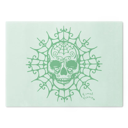 Ornate Skull Cutting Board, Spider Web Pattern, Green on Mint Green Glass