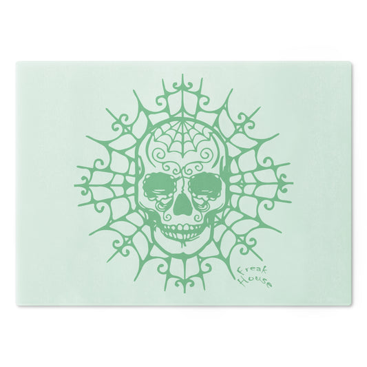 Ornate Skull Cutting Board, Spider Web Pattern, Green on Mint Green Glass