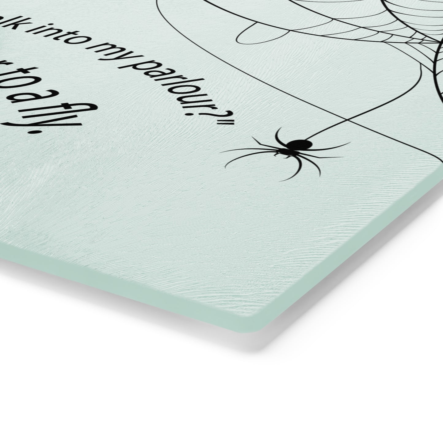 "Will You Walk Into My Parlor?" Cutting Board, Spider Web Pattern, Black on Mint Green Glass