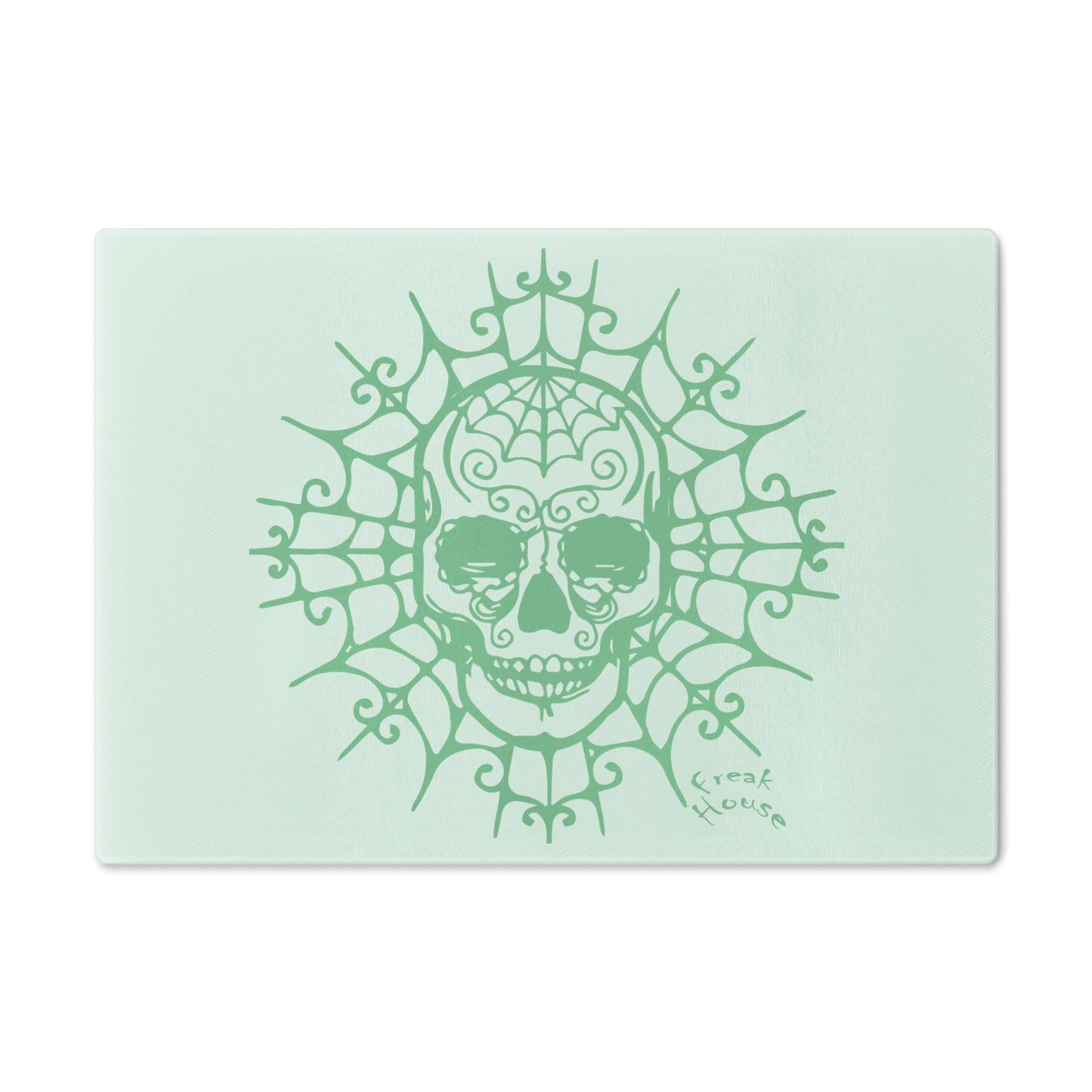 Ornate Skull Cutting Board, Spider Web Pattern, Green on Mint Green Glass