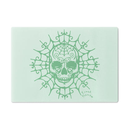 Ornate Skull Cutting Board, Spider Web Pattern, Green on Mint Green Glass