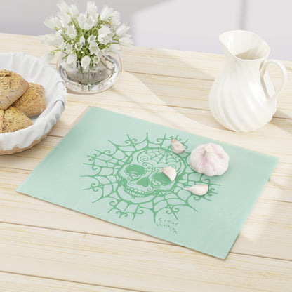 Ornate Skull Cutting Board, Spider Web Pattern, Green on Mint Green Glass