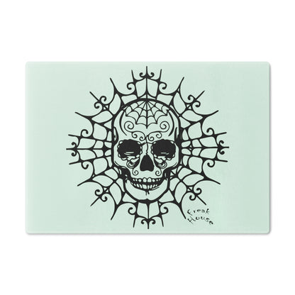 Ornate Skull Cutting Board, Spider Web Pattern, Black on Mint Green Glass