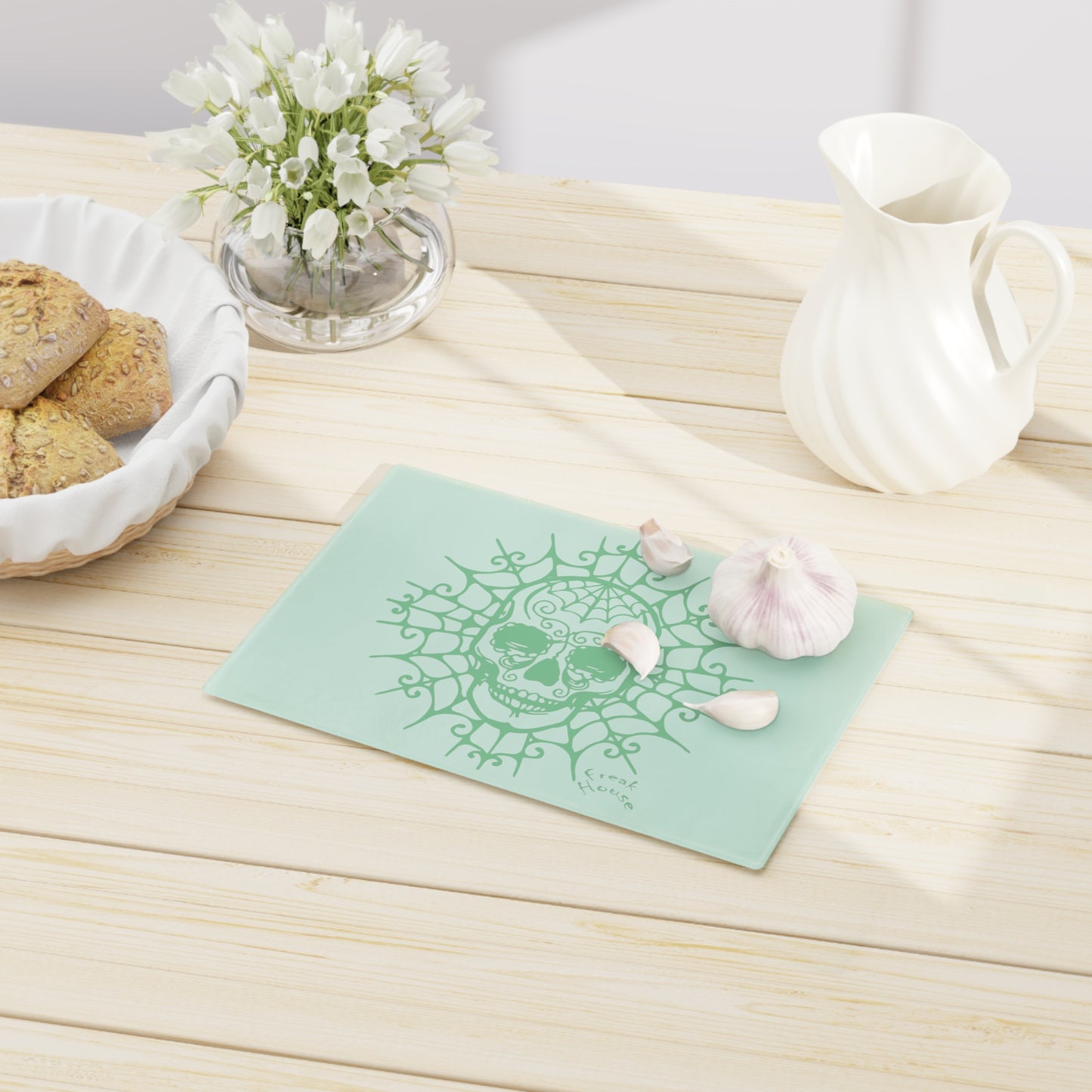 Ornate Skull Cutting Board, Spider Web Pattern, Green on Mint Green Glass