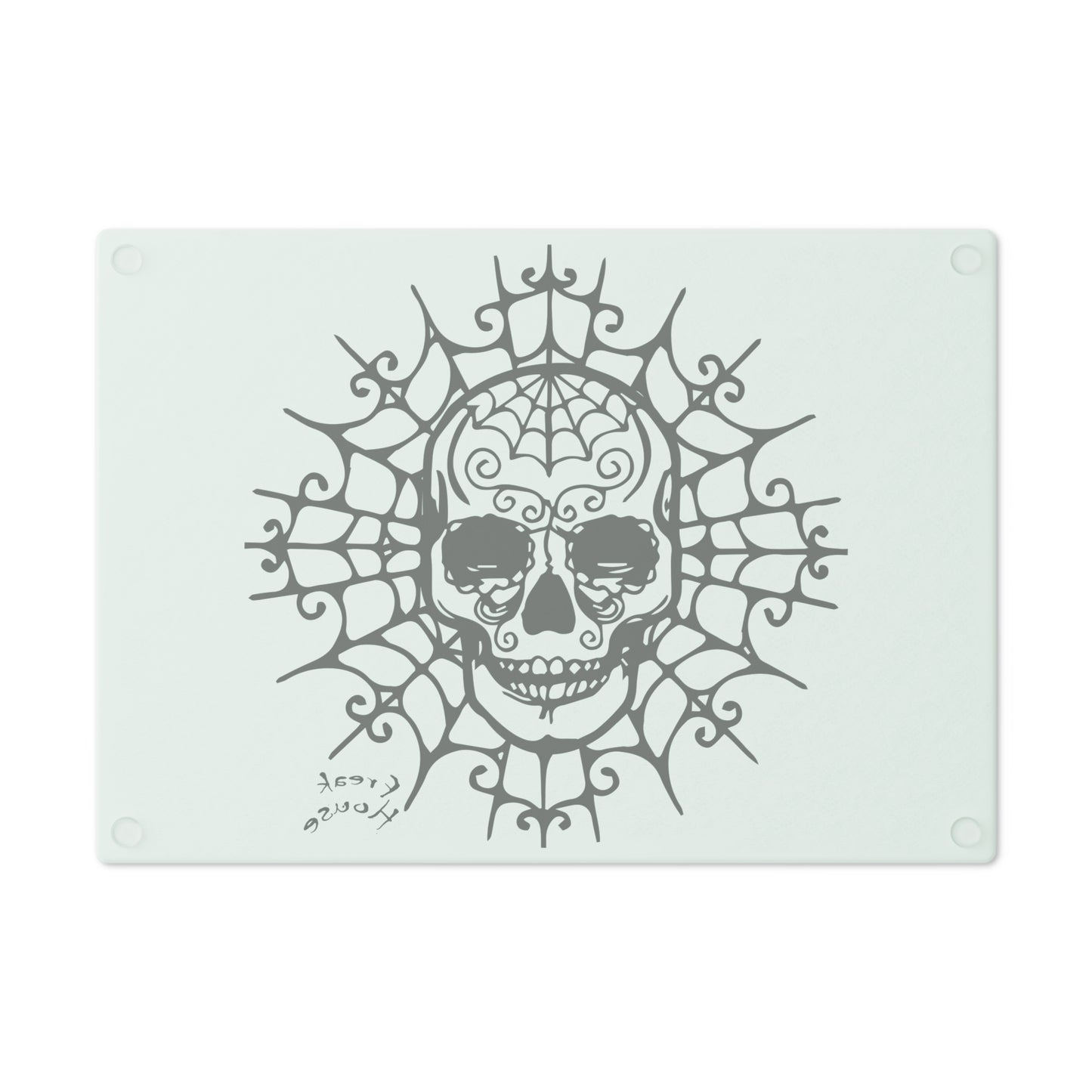 Ornate Skull Cutting Board, Spider Web Pattern, Black on Mint Green Glass