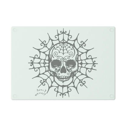 Ornate Skull Cutting Board, Spider Web Pattern, Black on Mint Green Glass