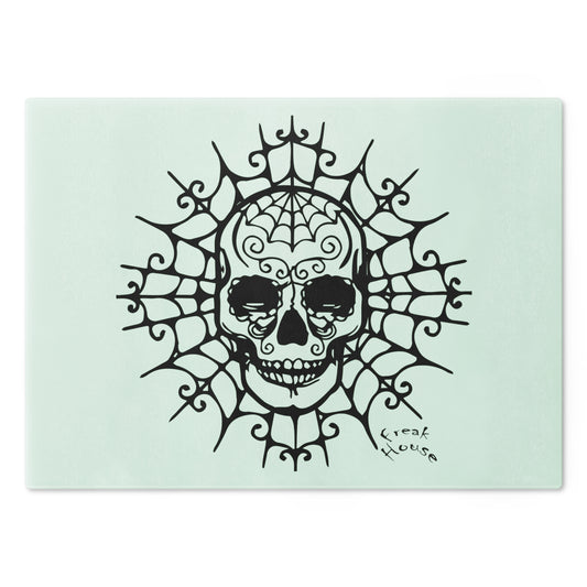 Ornate Skull Cutting Board, Spider Web Pattern, Black on Mint Green Glass