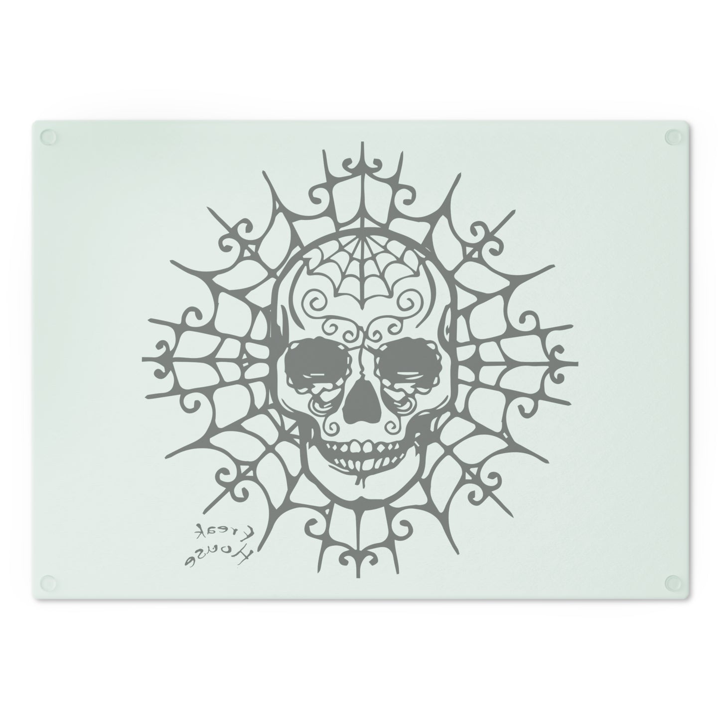 Ornate Skull Cutting Board, Spider Web Pattern, Black on Mint Green Glass