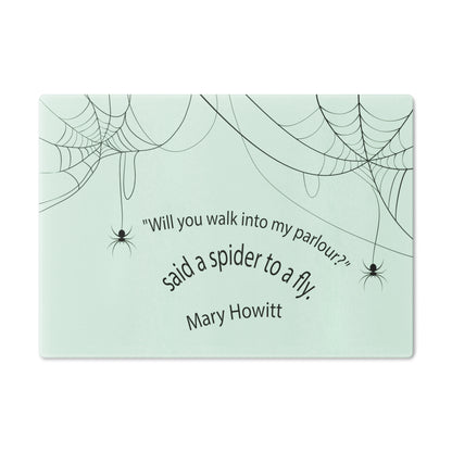 "Will You Walk Into My Parlor?" Cutting Board, Spider Web Pattern, Black on Mint Green Glass