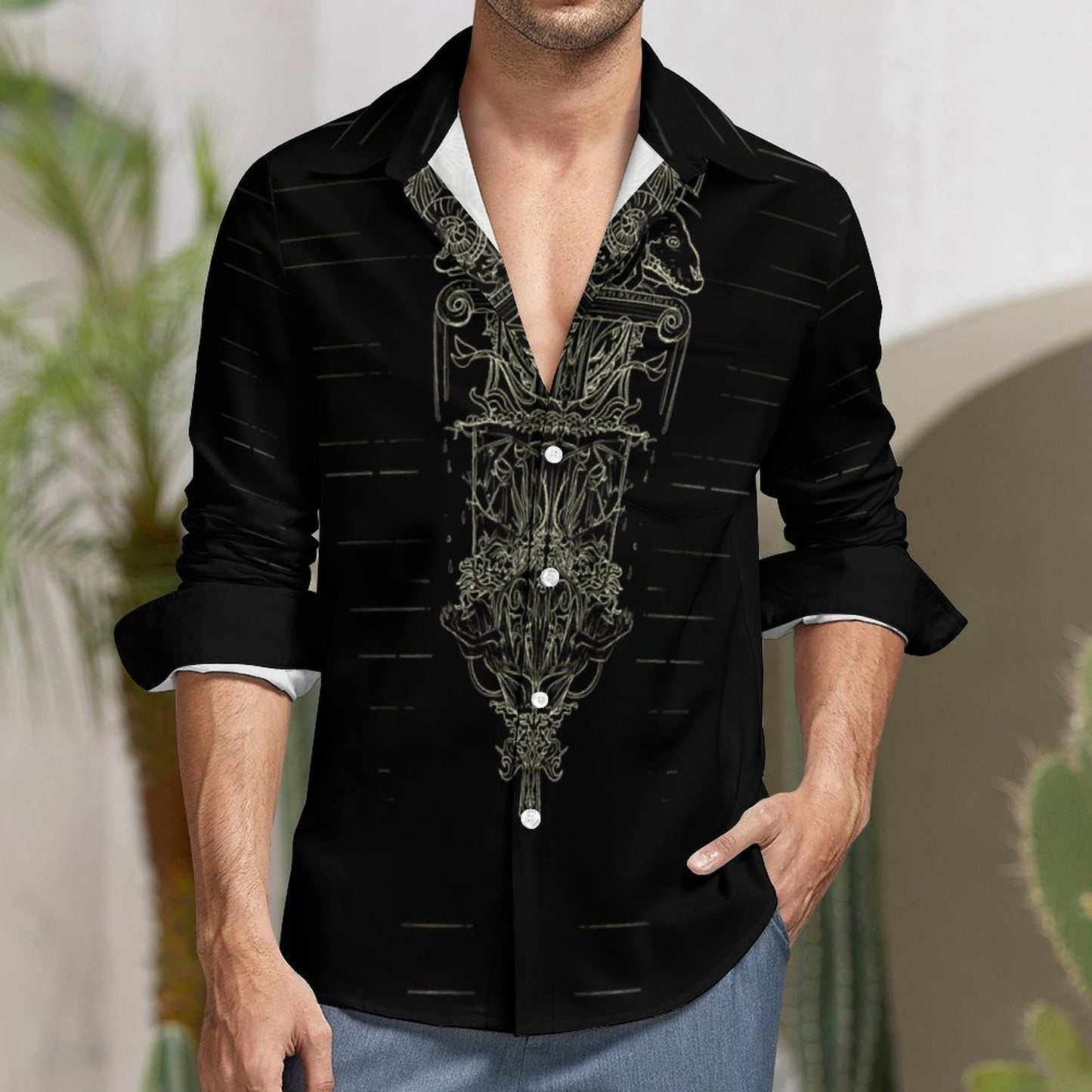 CoffHim Faux Linen Men Long Sleeve Shirt with Pocket